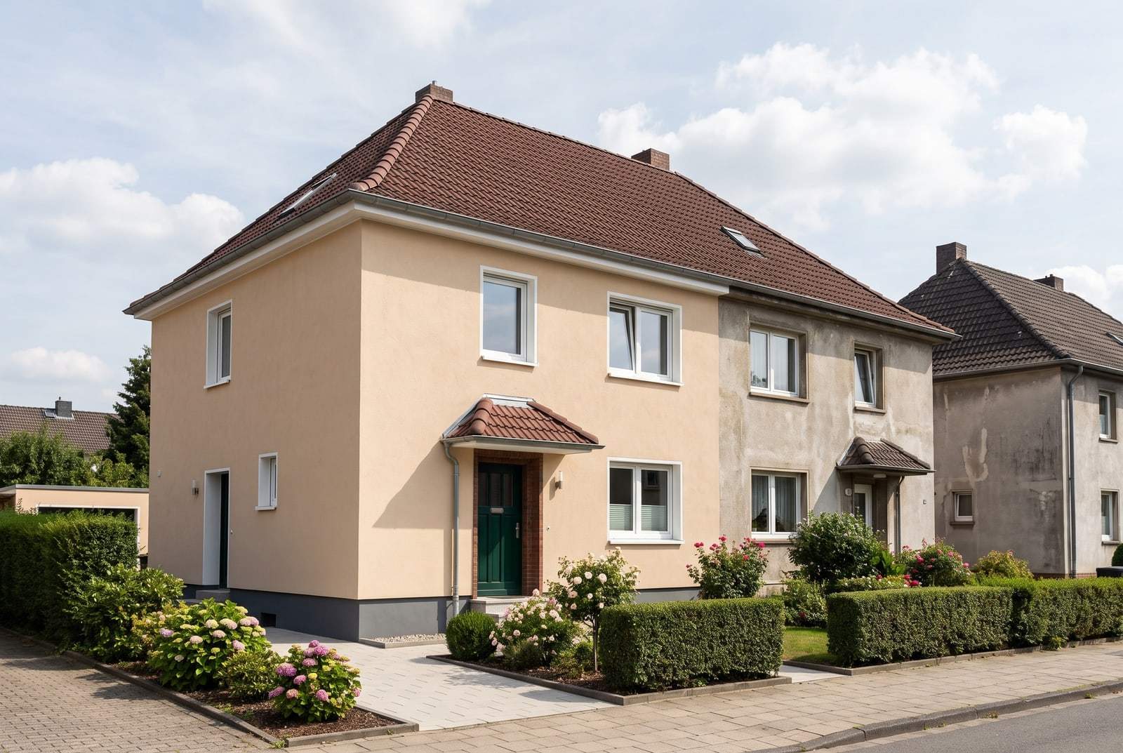 Doppelhaushälfte mit frisch gestrichener sandfarbener Fassade neben der noch grauen Nachbarhälfte, sonniger Tag