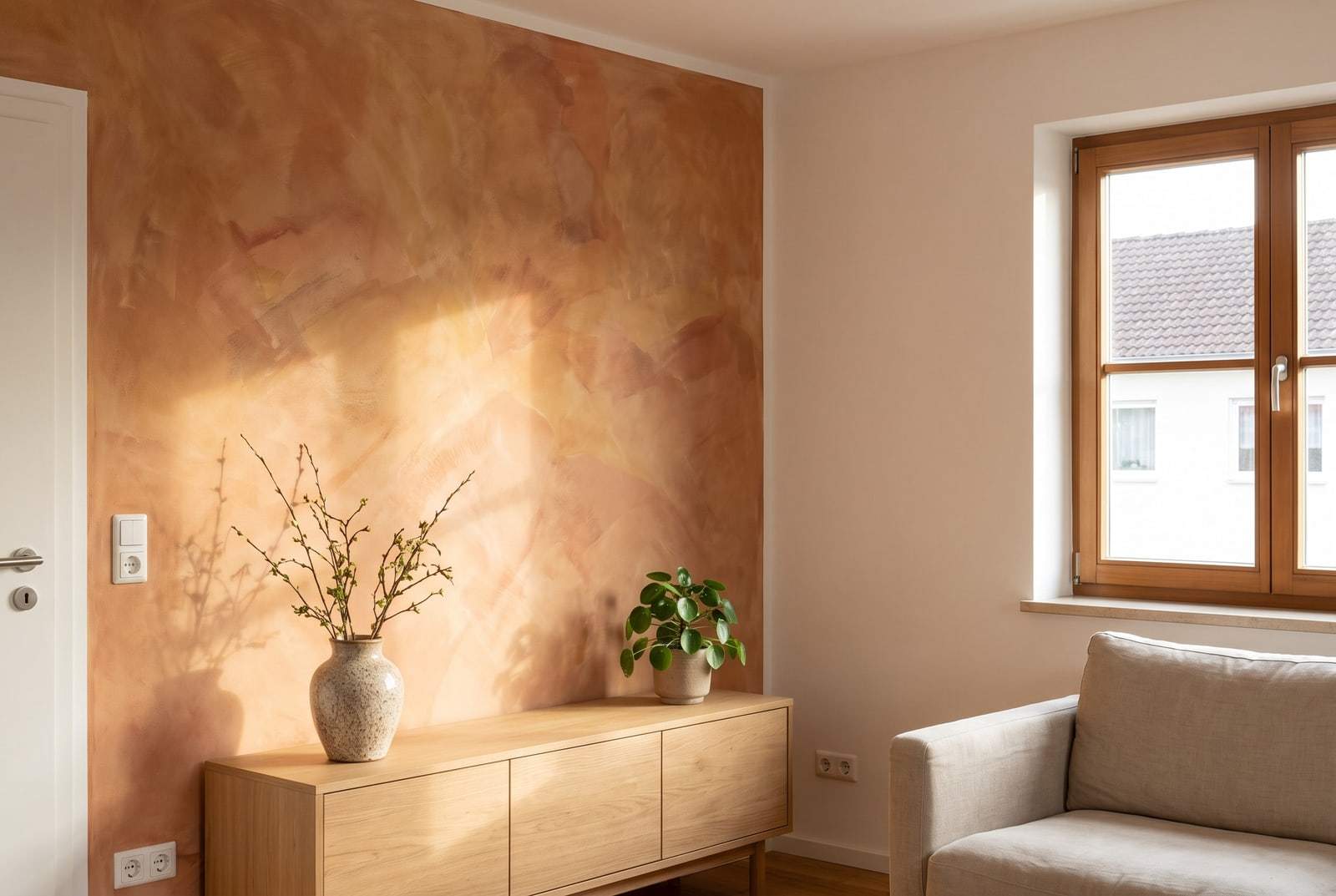 Wohnzimmerwand in Lasurtechnik mit wolkigen Terrakotta- und Ockertönen, davor ein Sideboard mit Vase und Pflanze