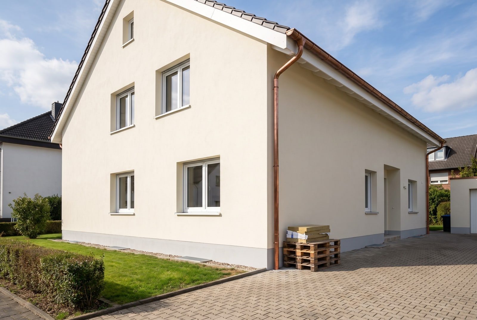 Einfamilienhaus nach der Wärmedämmung: frisch verputzte helle Fassade, Fenster in tiefen Laibungen, Restplatten auf einer Palette